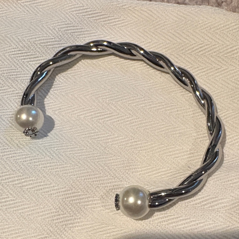 Tory Burch Elegant Silver and Pearl Twist Bracelet